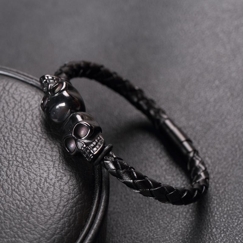 Men's Black Gothic Leather Skull Bracelet – 21cm