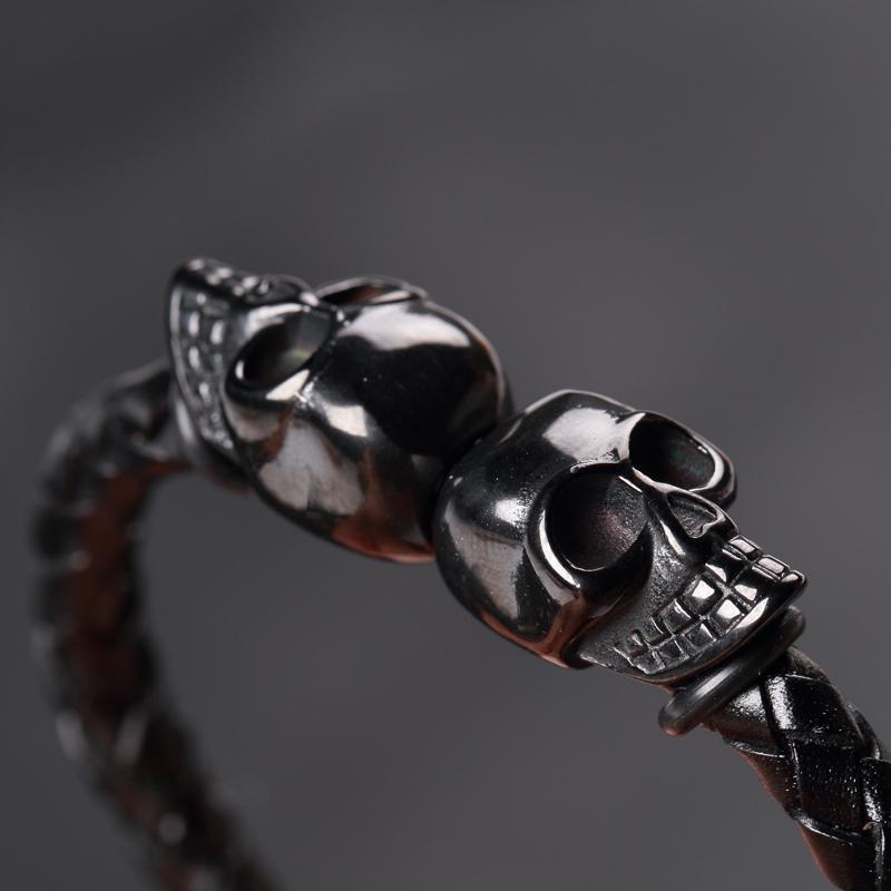 Men's Black Gothic Leather Skull Bracelet – 21cm
