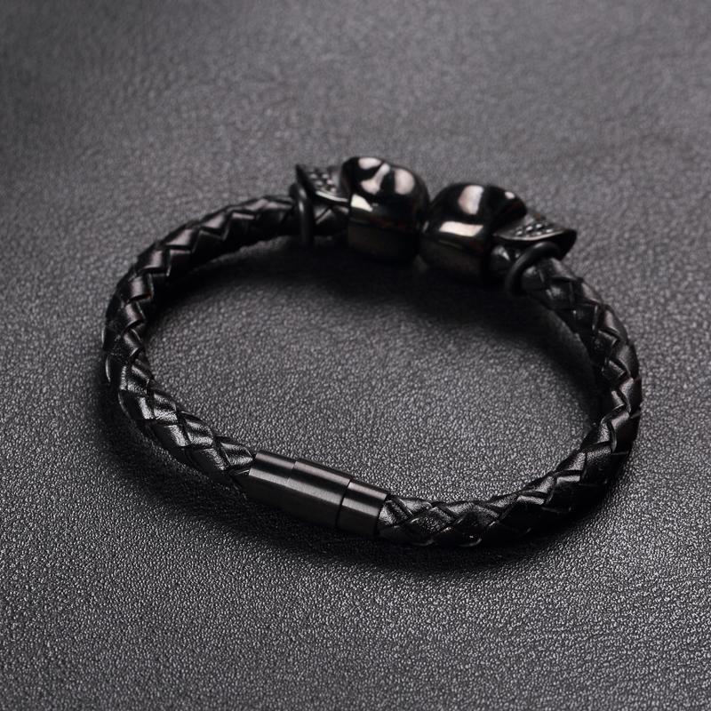 Men's Black Gothic Leather Skull Bracelet – 21cm