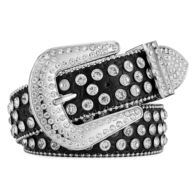 Gothic Rhinestone Rivet PU Leather Belt – Black & Silver