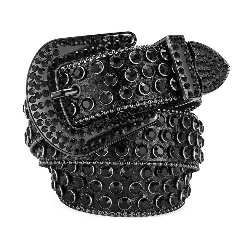 Gothic Rhinestone Rivet PU Leather Belt – Black & Silver
