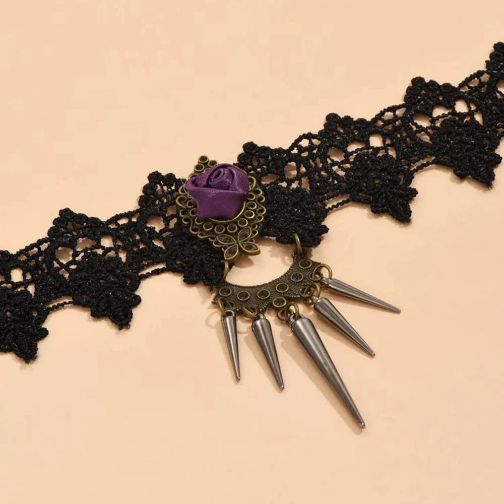 Black Gothic Lace Choker with Bead Detail