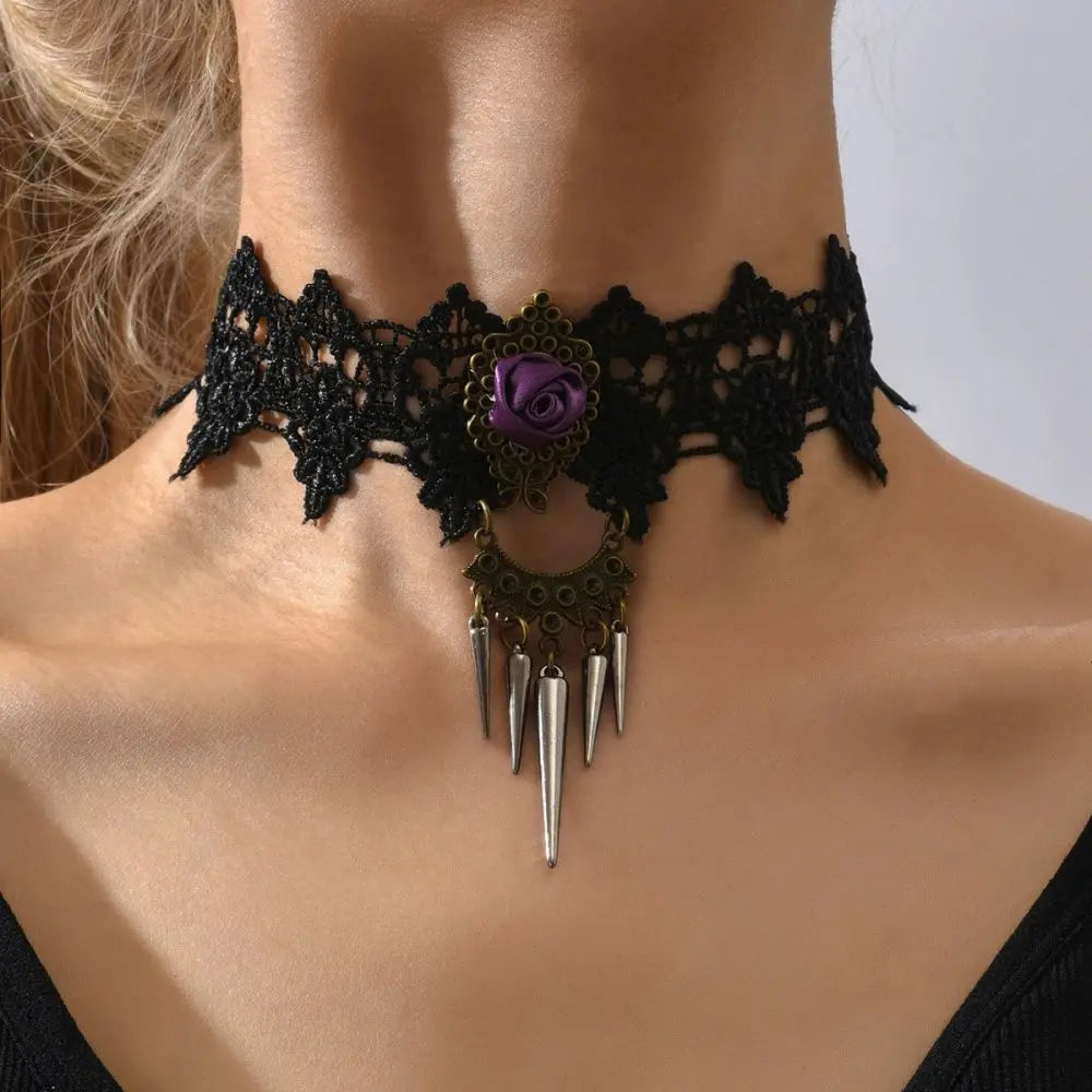 Black Gothic Lace Choker with Bead Detail