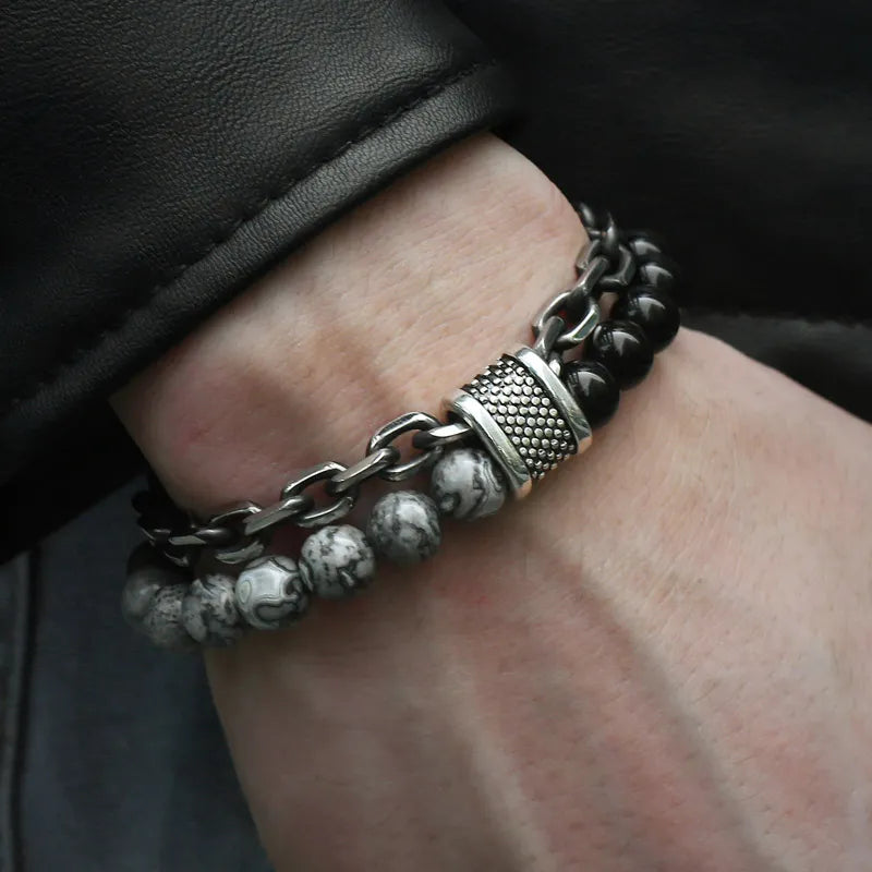 Gothic Beaded Chain Bracelet – Stainless Steel, 21cm