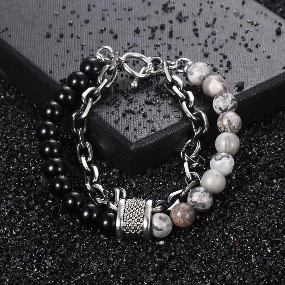 Gothic Beaded Chain Bracelet – Stainless Steel, 21cm