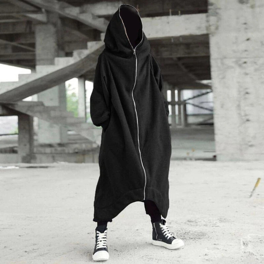 Men's Long Hooded Coat – Black or Grey, Sizes S–5XL