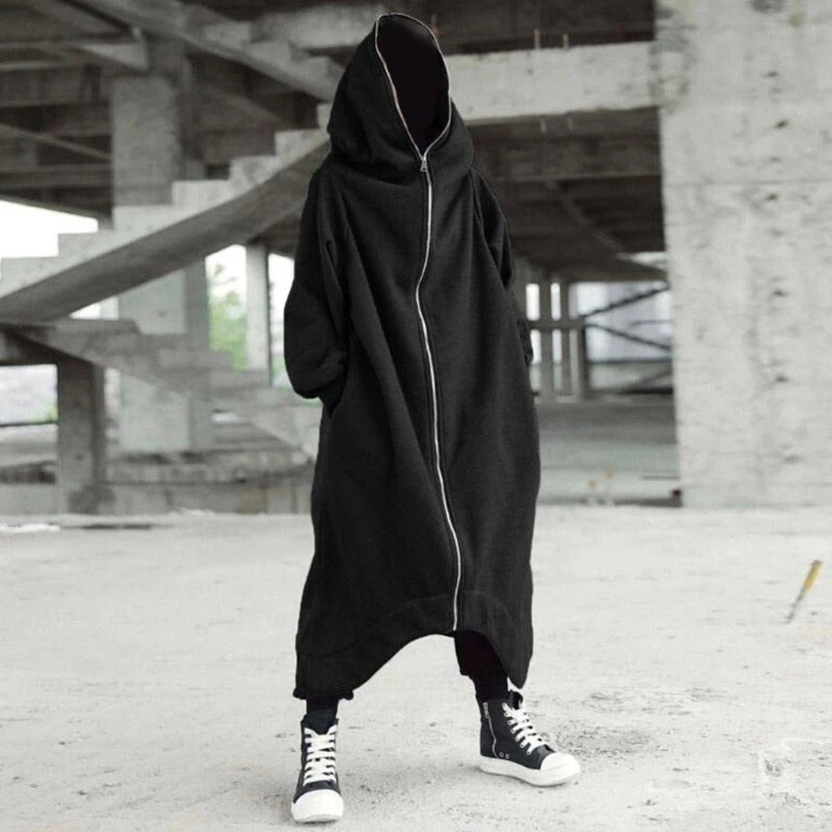 Men's Long Hooded Coat – Black or Grey, Sizes S–5XL