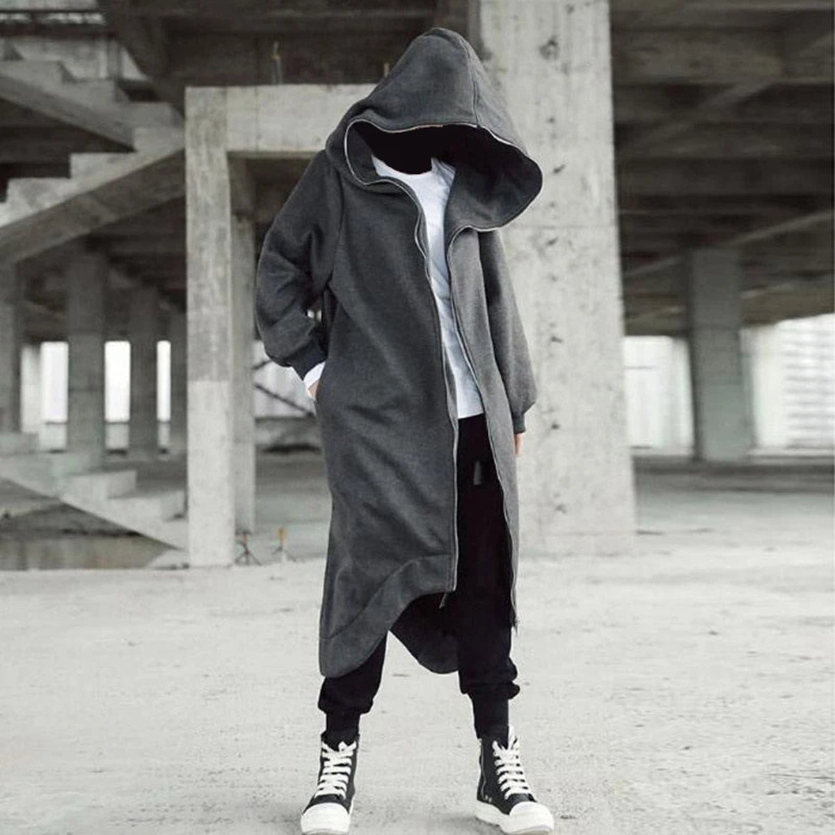Men's Long Hooded Coat – Black or Grey, Sizes S–5XL