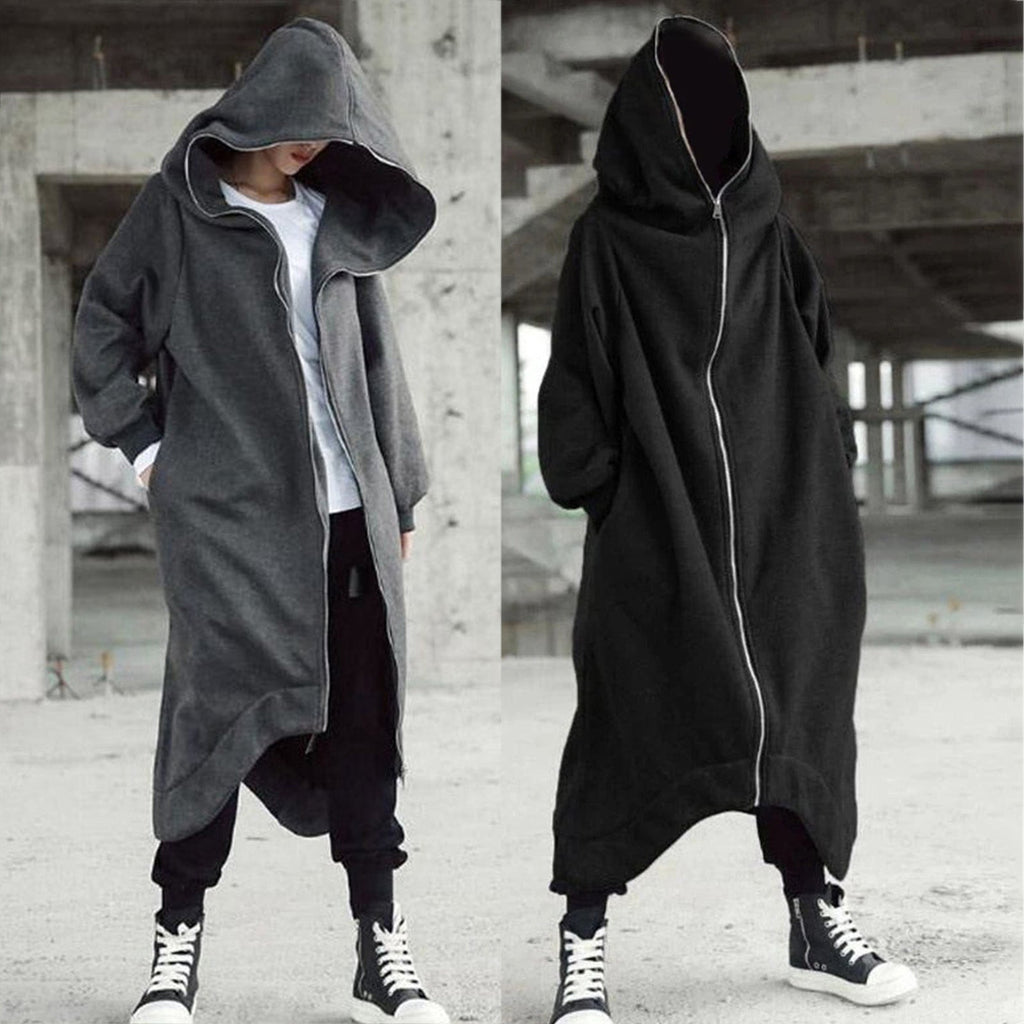 Men's Long Hooded Coat – Black or Grey, Sizes S–5XL