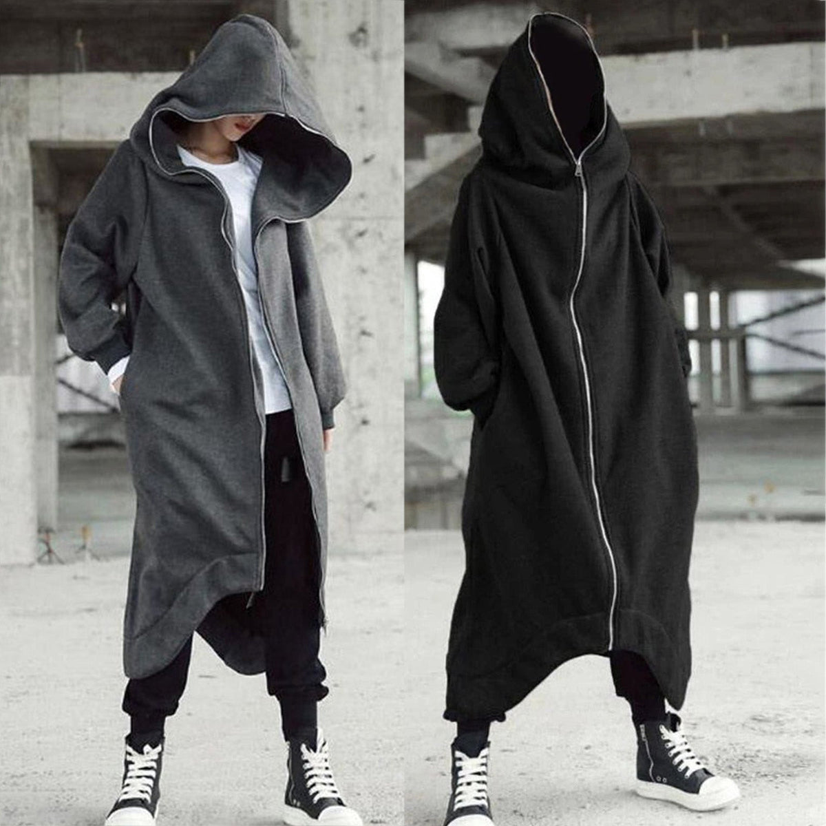 Men's Long Hooded Coat – Black or Grey, Sizes S–5XL