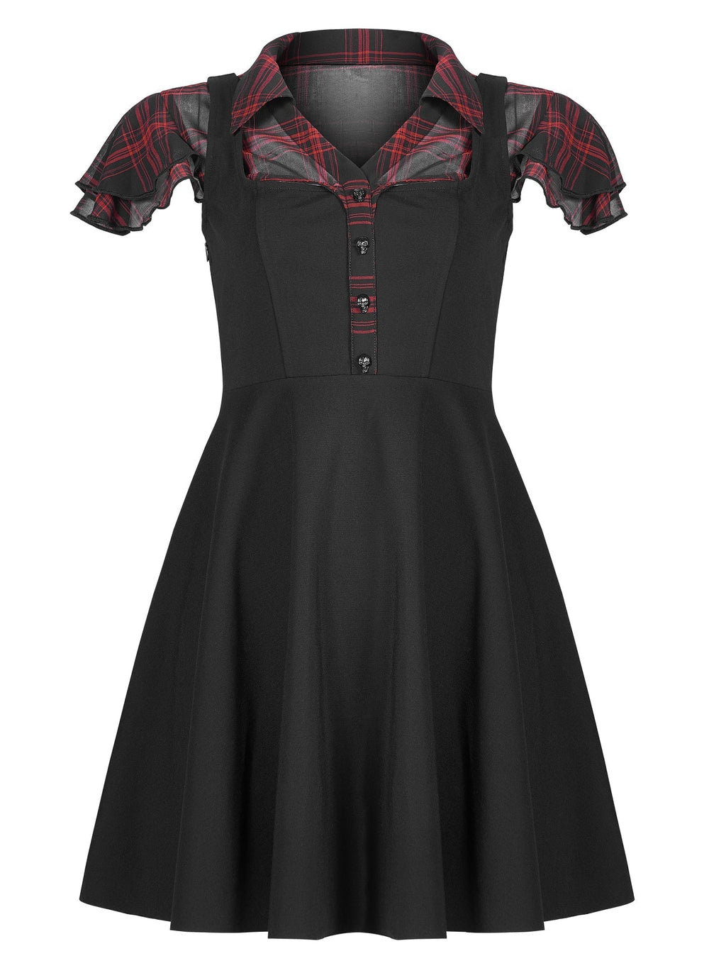 Women's Black & Red Plaid Skull Button Mini Dress – XS–4XL