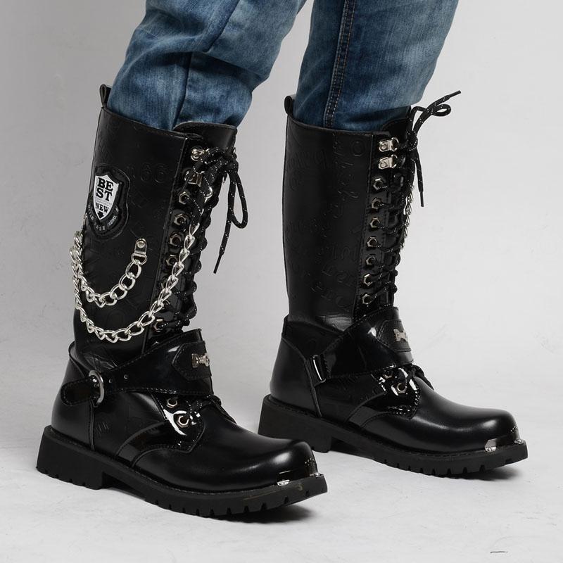 Men's Gothic Military Combat Boots with Chain – PU Leather