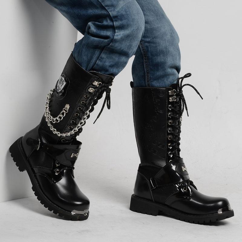 Men's Gothic Military Combat Boots with Chain – PU Leather