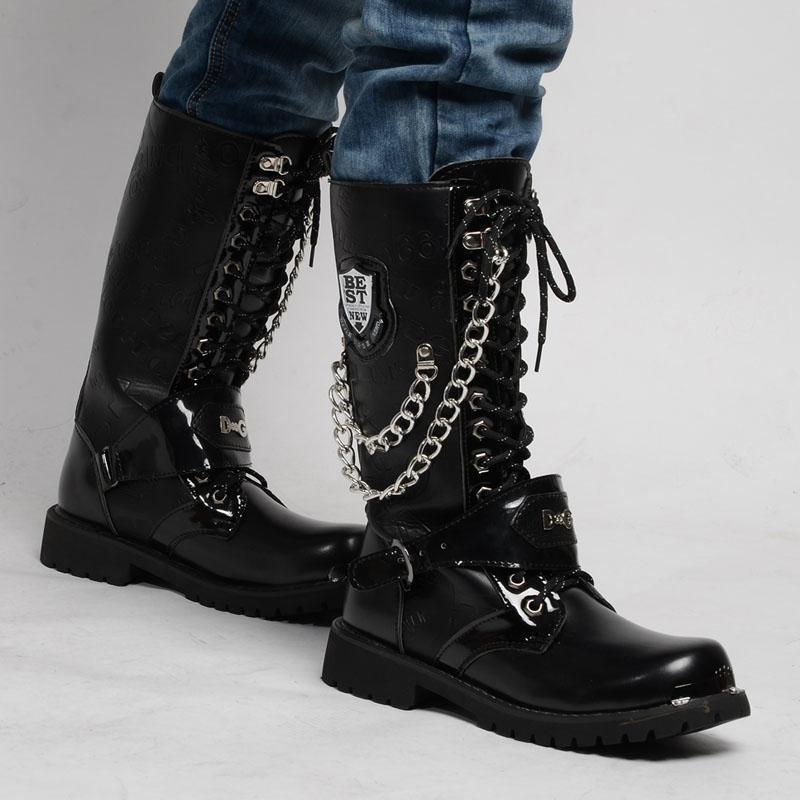 Men's Gothic Military Combat Boots with Chain – PU Leather