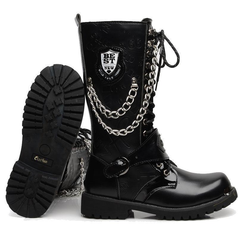 Men's Gothic Military Combat Boots with Chain – PU Leather