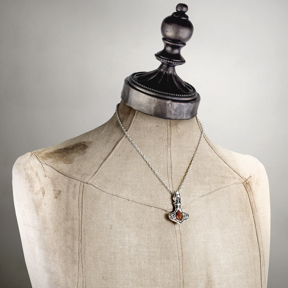 Gothic Viking Thor's Hammer Pendant with Genuine Amber
