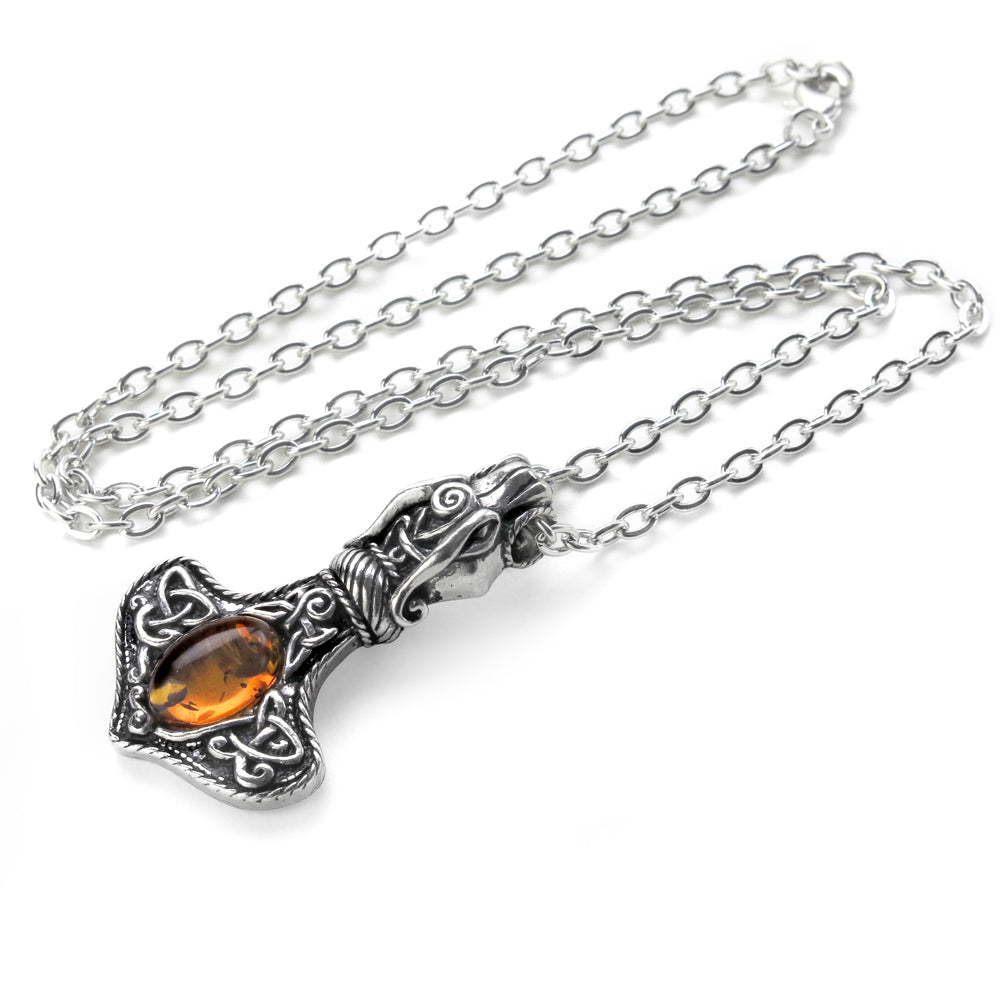 Gothic Viking Thor's Hammer Pendant with Genuine Amber