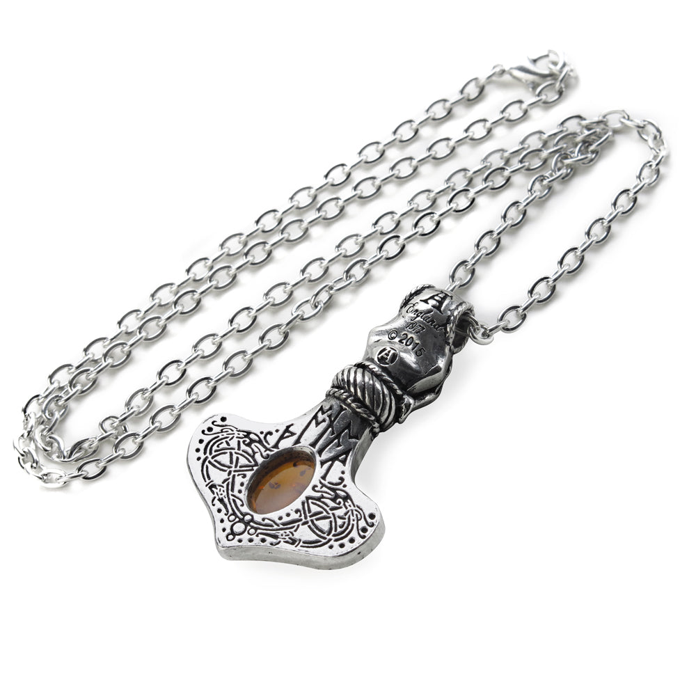 Gothic Viking Thor's Hammer Pendant with Genuine Amber