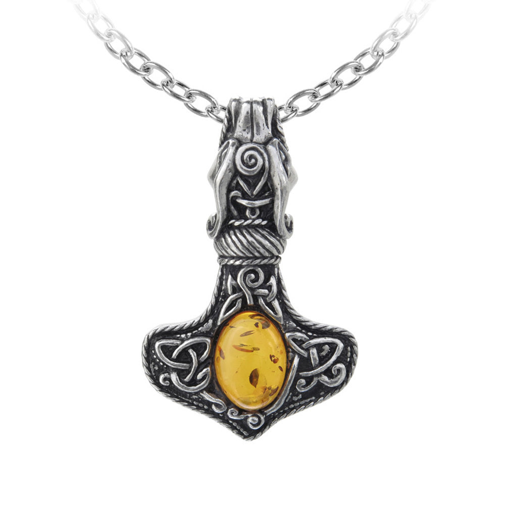 Gothic Viking Thor's Hammer Pendant with Genuine Amber