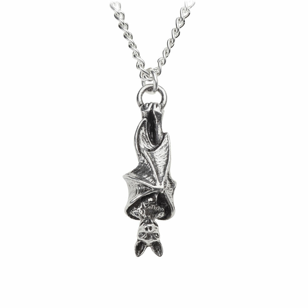 Gothic Hanging Bat Pendant Necklace – Antiqued Pewter