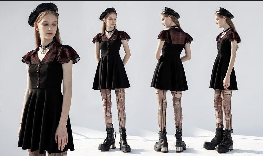 Women's Black & Red Plaid Skull Button Mini Dress – XS–4XL