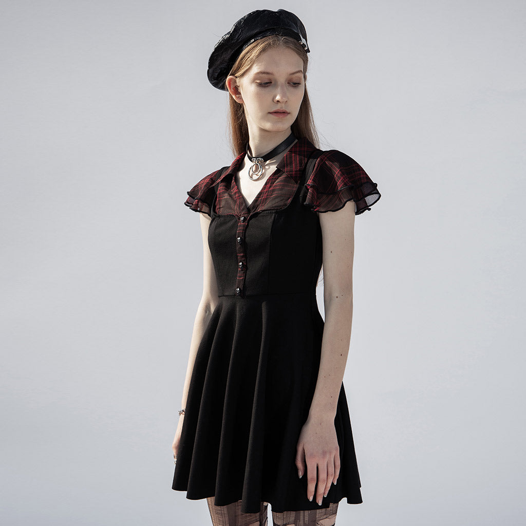 Women's Black & Red Plaid Skull Button Mini Dress – XS–4XL