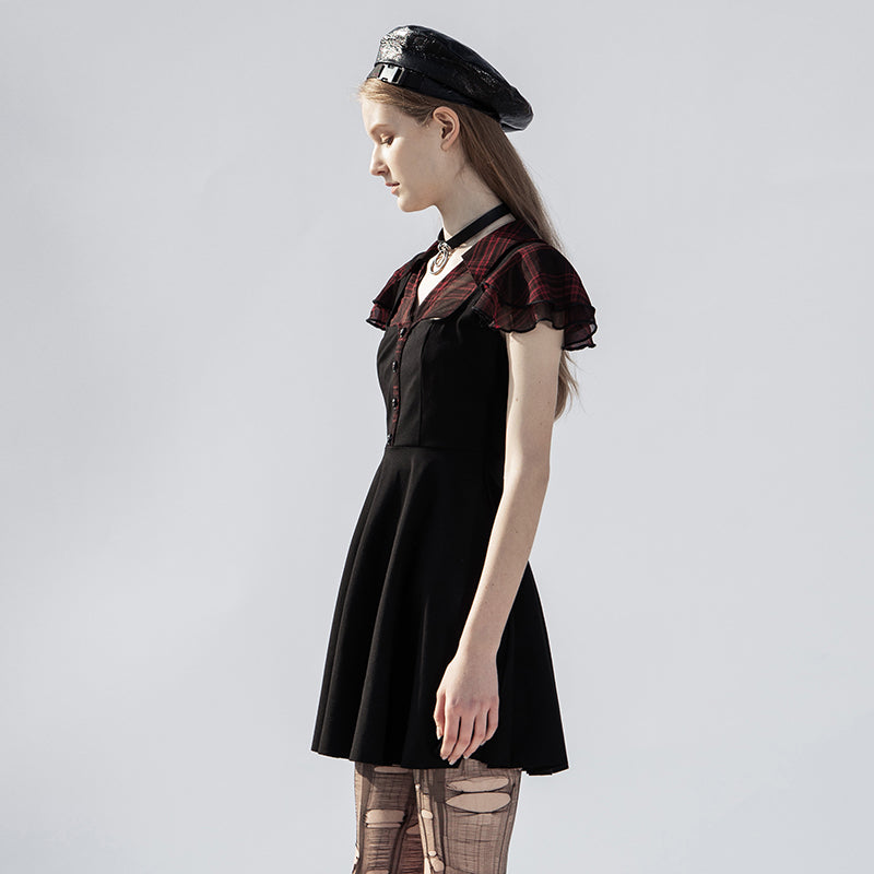Women's Black & Red Plaid Skull Button Mini Dress – XS–4XL