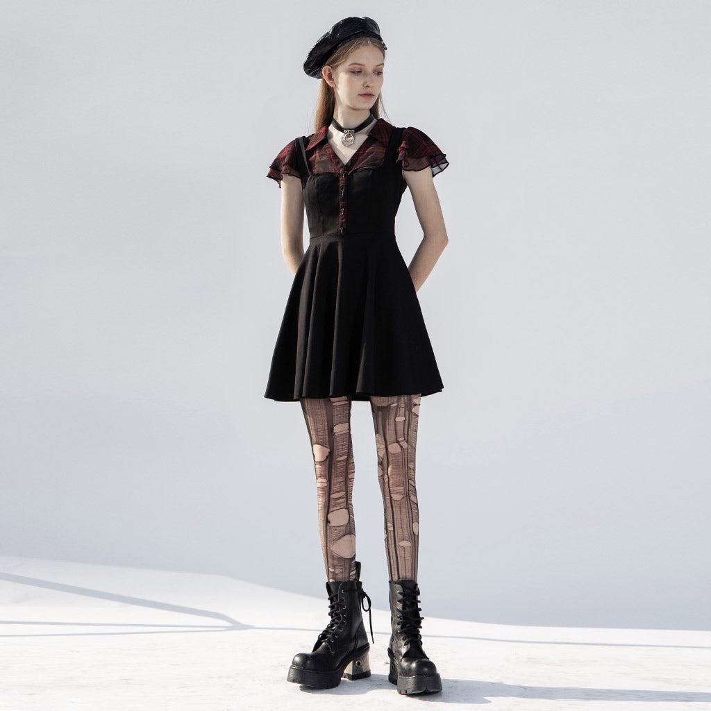 Women's Black & Red Plaid Skull Button Mini Dress – XS–4XL
