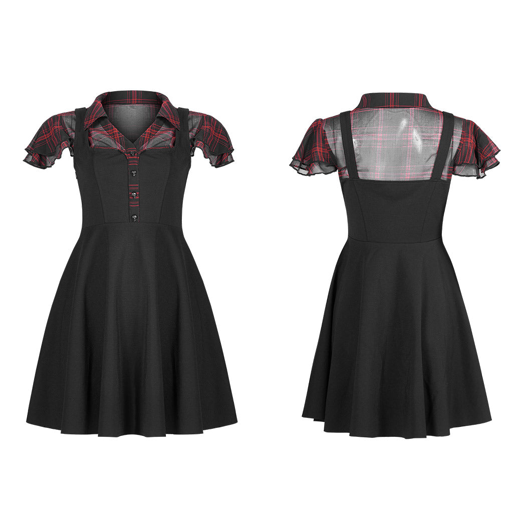 Women's Black & Red Plaid Skull Button Mini Dress – XS–4XL