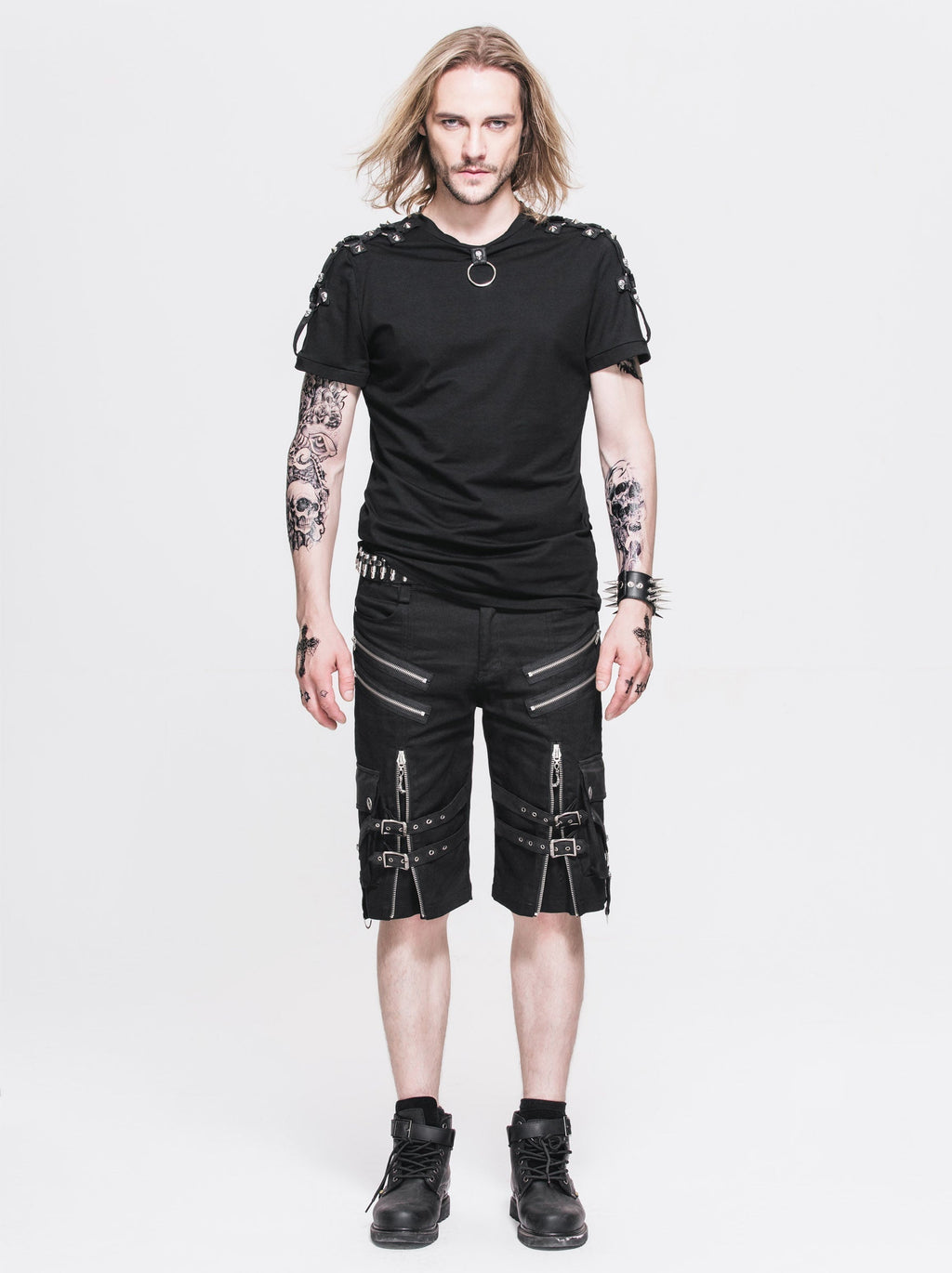 Men's Gothic Distressor Cargo Shorts with Buckle & Zip Details
