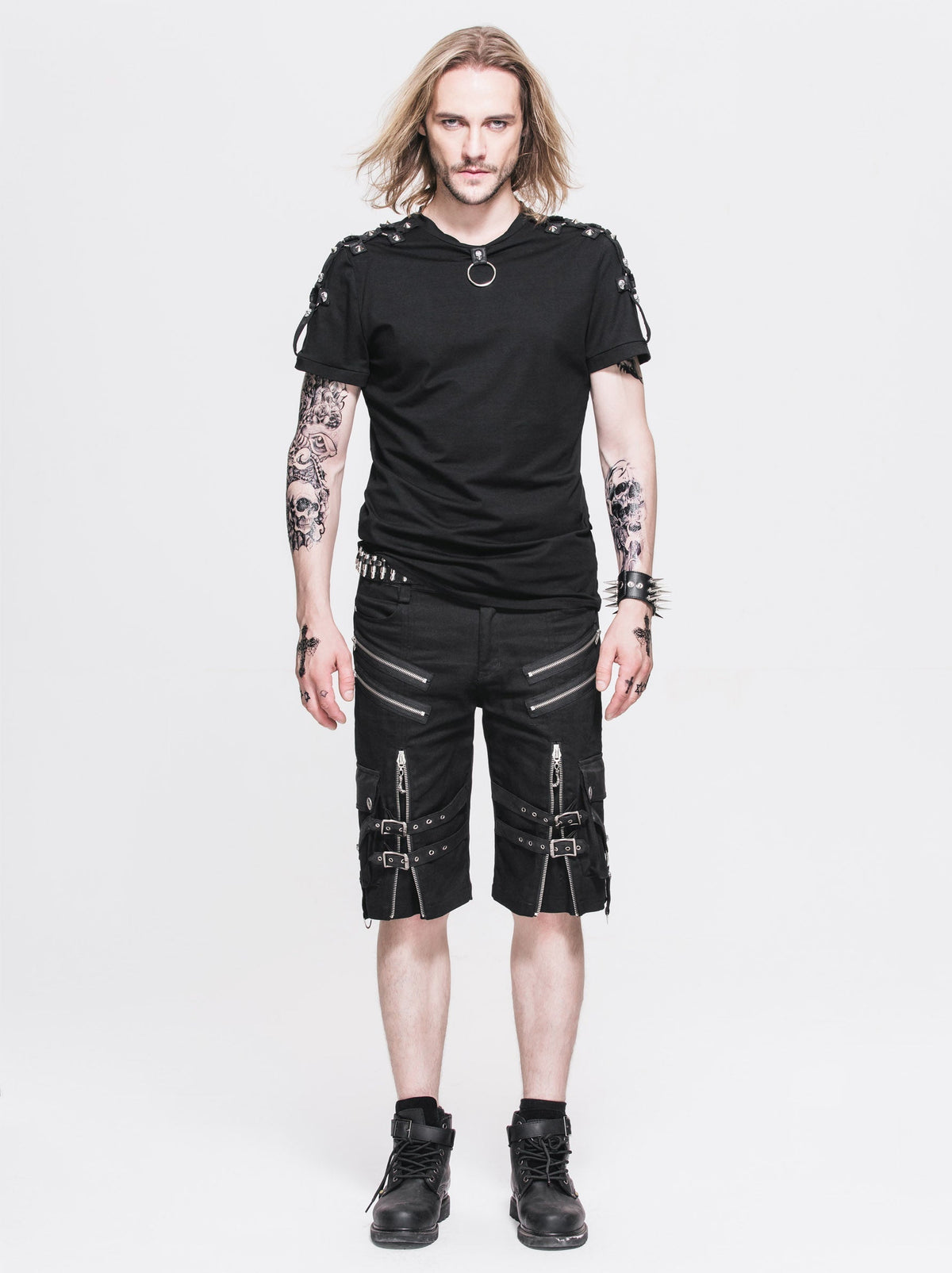 Men's Gothic Distressor Cargo Shorts with Buckle & Zip Details
