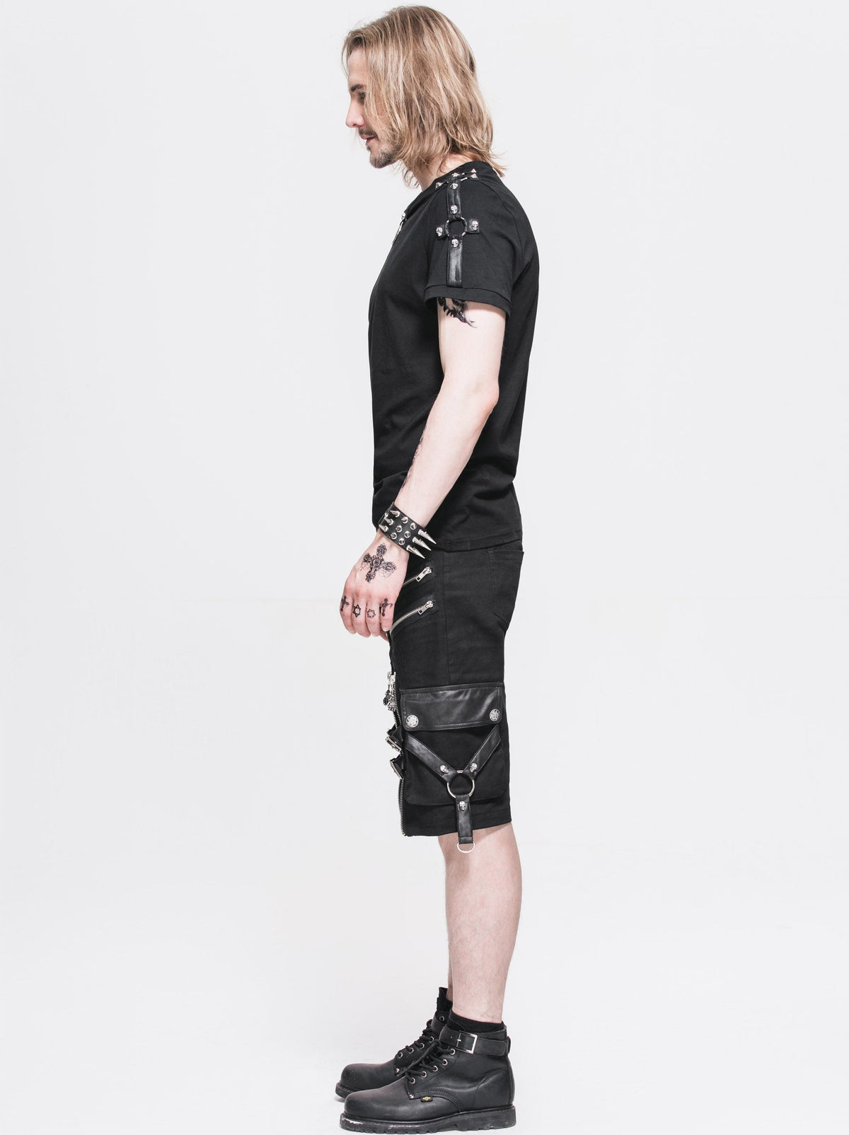 Men's Gothic Distressor Cargo Shorts with Buckle & Zip Details