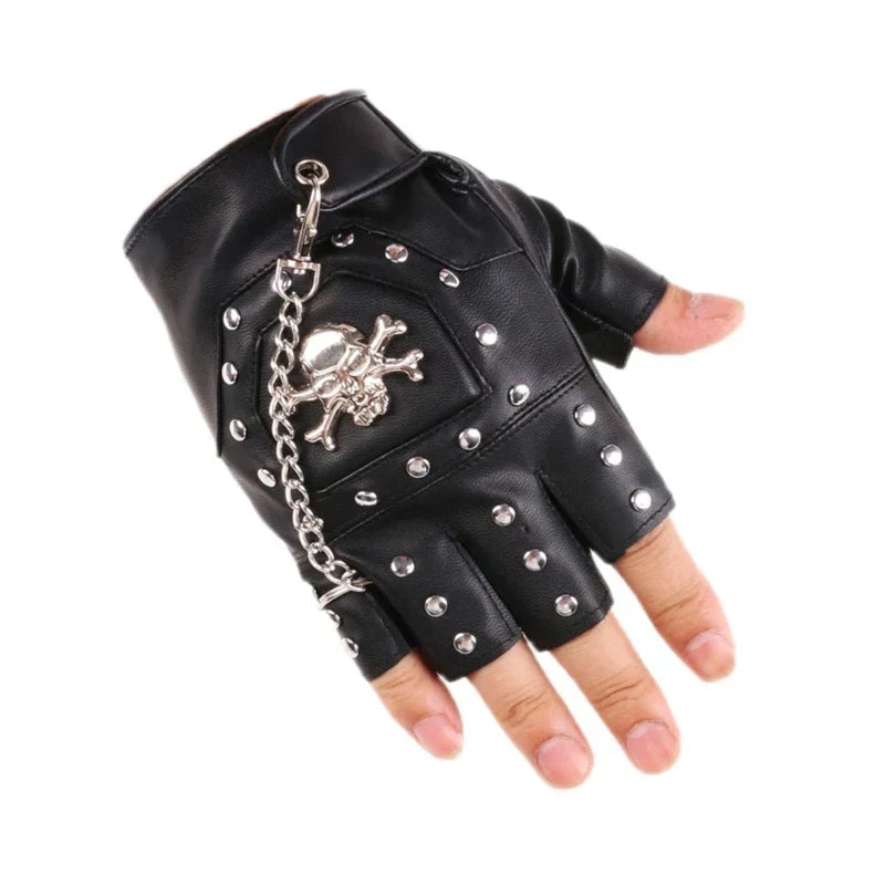 Men's Black Gothic Fingerless Biker Gloves – Faux Leather