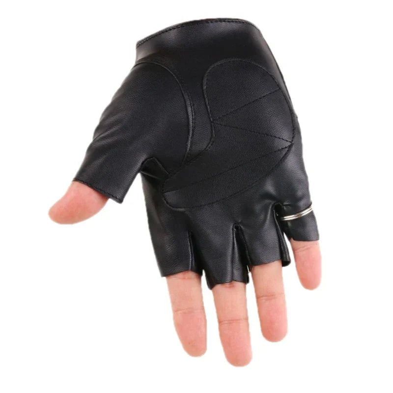 Men's Black Gothic Fingerless Biker Gloves – Faux Leather