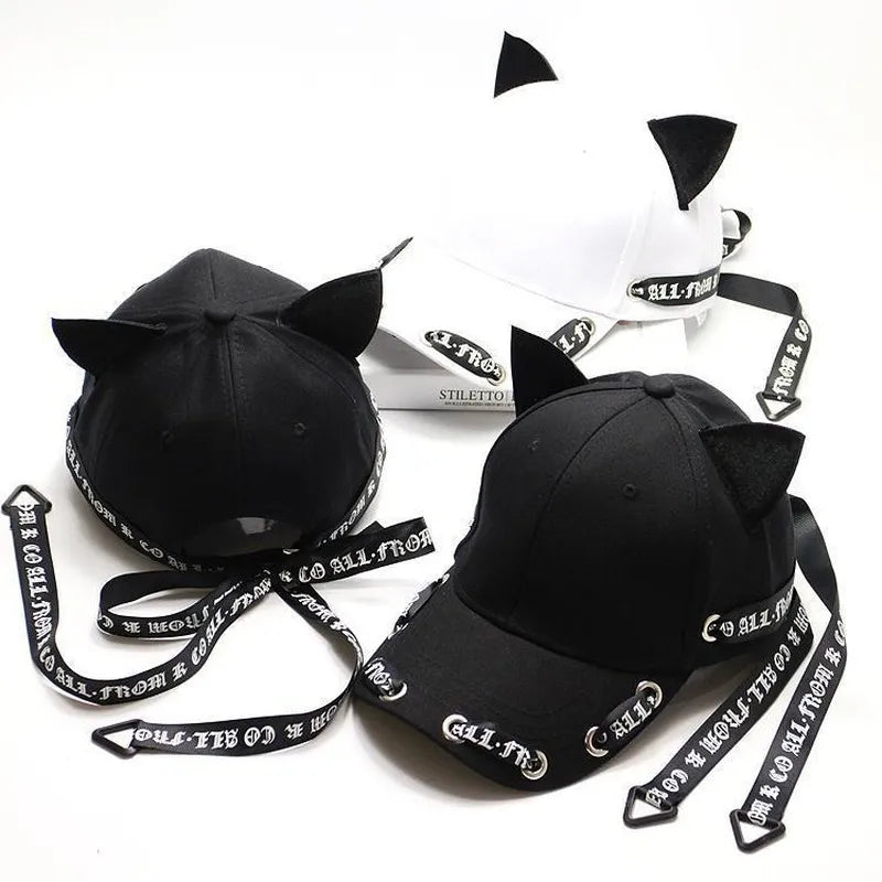 Unisex Cat-Ear Strap Cap – Black & White