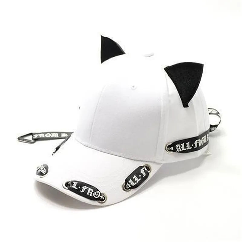 Unisex Cat-Ear Strap Cap – Black & White