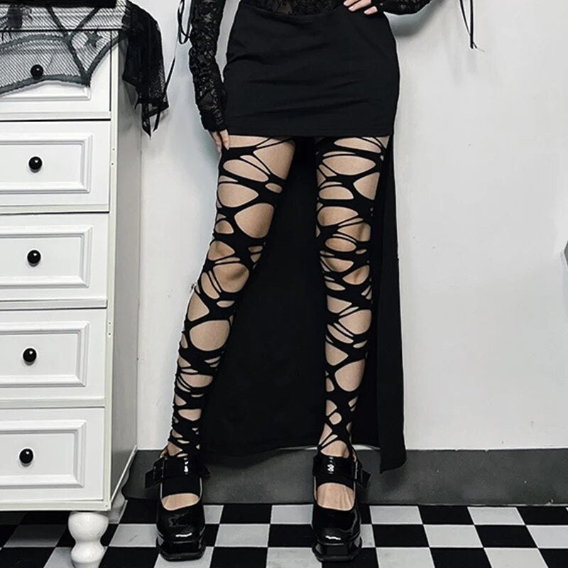 Black Gothic Torn-Strap Thigh-High Stockings