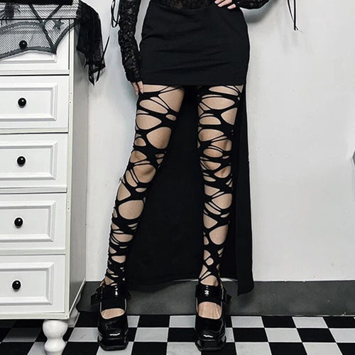 Black Gothic Torn-Strap Thigh-High Stockings