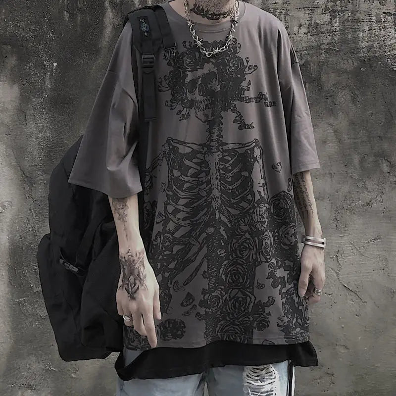 Men's Grey Gothic Skull Oversized T-Shirt – Harajuku Style