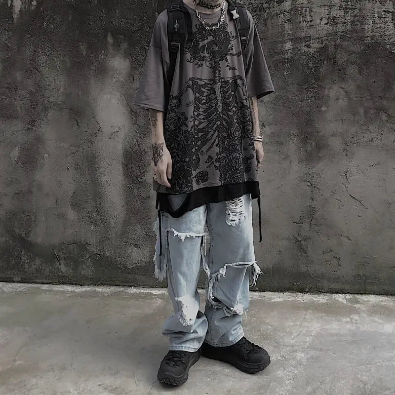 Men's Grey Gothic Skull Oversized T-Shirt – Harajuku Style
