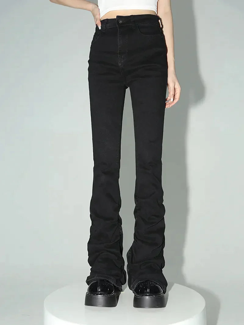 Women's Black Ruched Flare Trousers