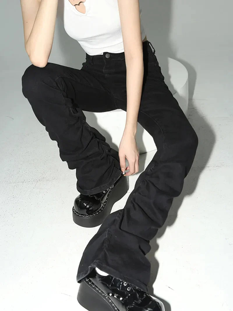 Women's Black Ruched Flare Trousers