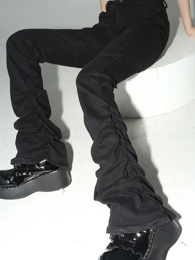 Women's Black Ruched Flare Trousers