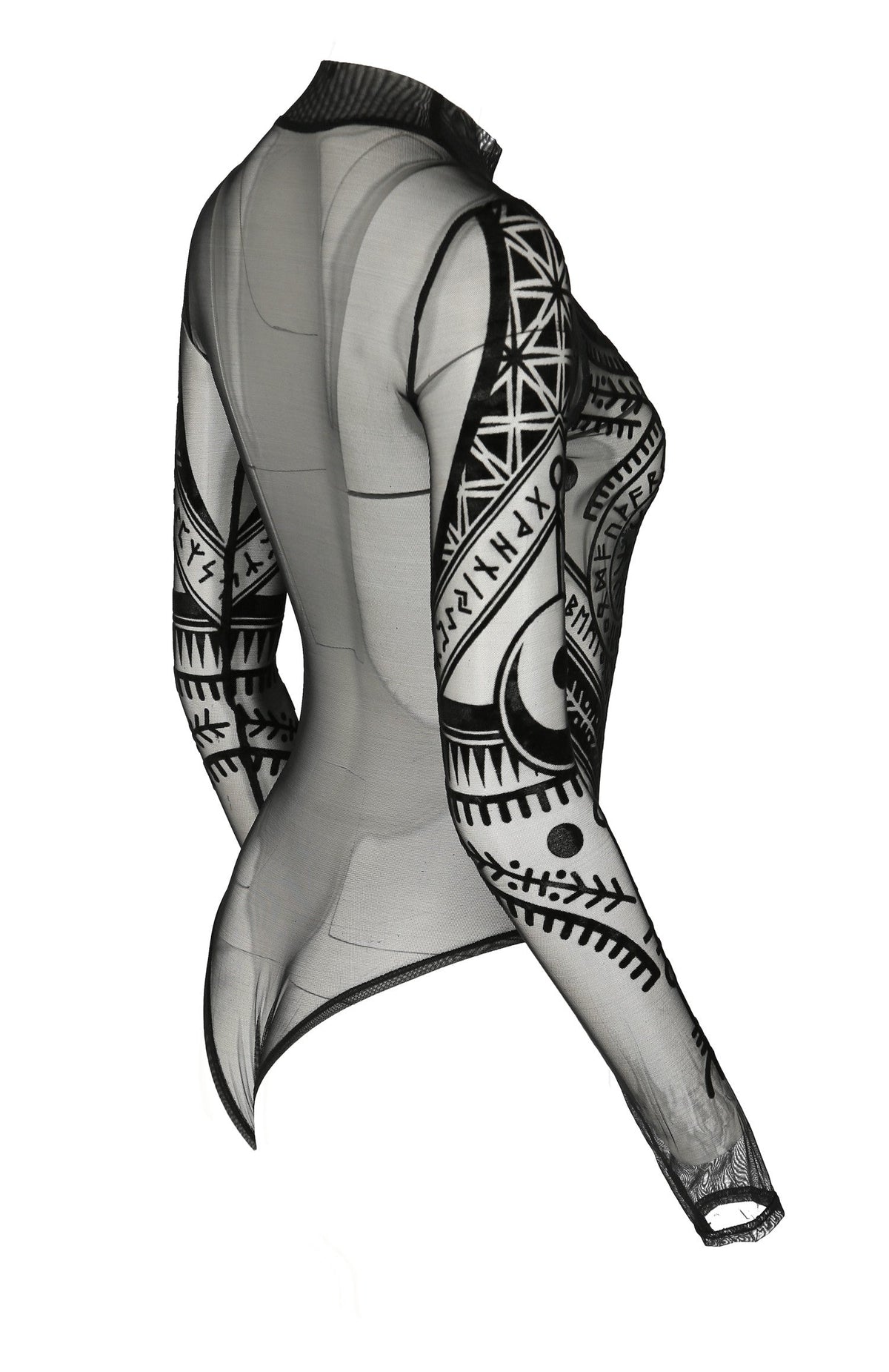 Women's Black Runic Mesh Bodysuit – XS–3XL