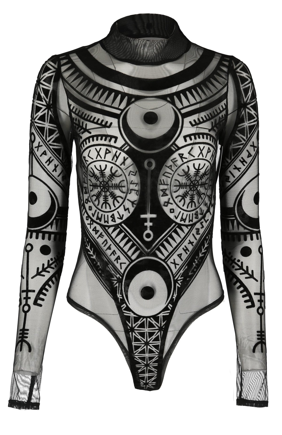 Women's Black Runic Mesh Bodysuit – XS–3XL