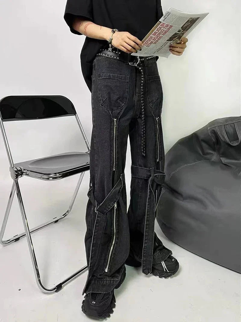 Women's Black Zipper-Slit Baggy Jeans – S–XXL