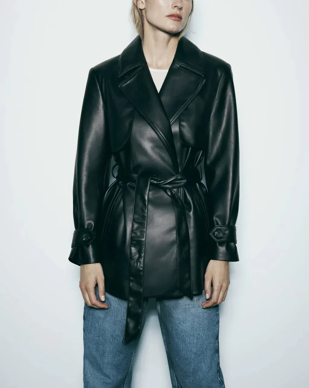 Women's Black Faux Leather Trench Coat – S–XL