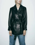 Women's Black Faux Leather Trench Coat – S–XL