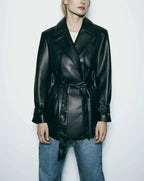 Women's Black Faux Leather Trench Coat – S–XL