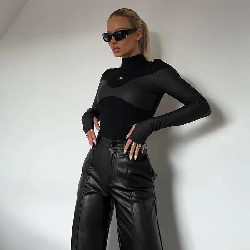 Women's Black Faux Leather Long-Sleeve Bodysuit – S–L
